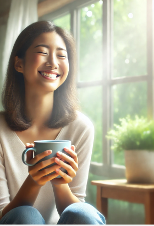 Here’s an image of a person symbolizing recovery from depression, sitting in a bright, peaceful room with a calm and hopeful expression.